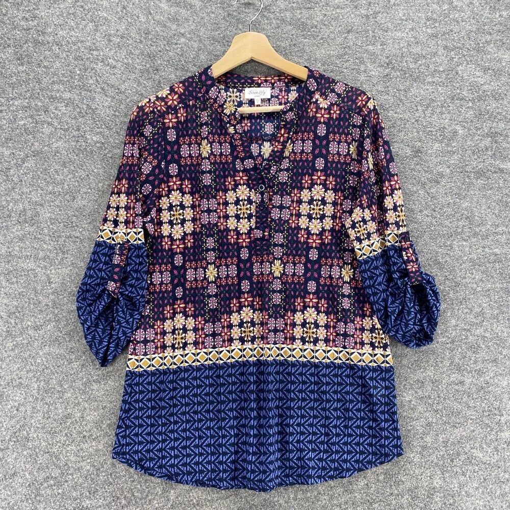 Siren Lilly Blouse Women M Medium Blue Geometric V-Neck 3/4 Sleeve Button Up
